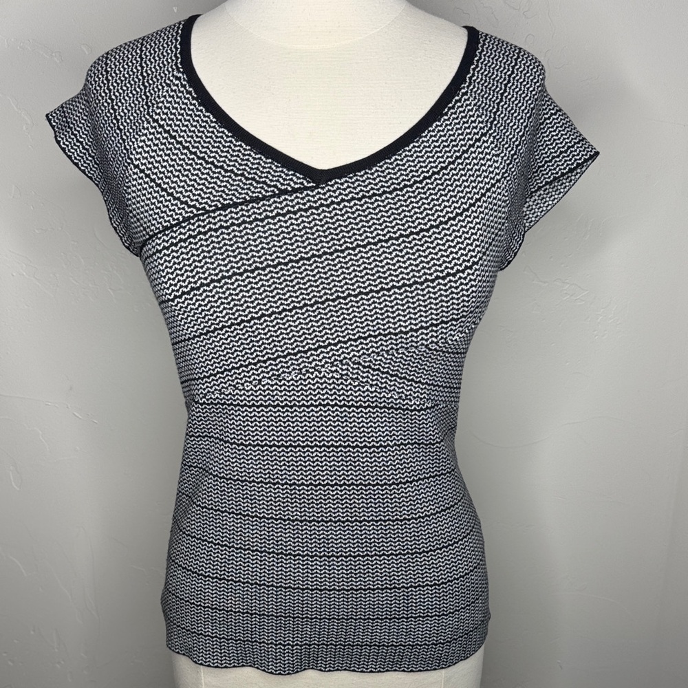 Cable & Gauge Black and White V-Neck Knit Top